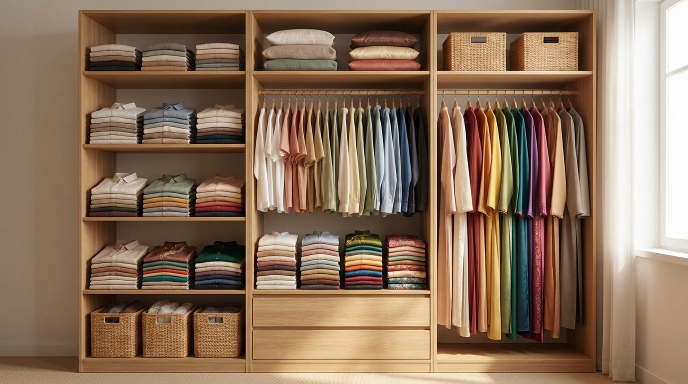 Tủ quần áo ngăn nắp, sắp xếp theo màu sắc, quần áo gấp gọn gàng