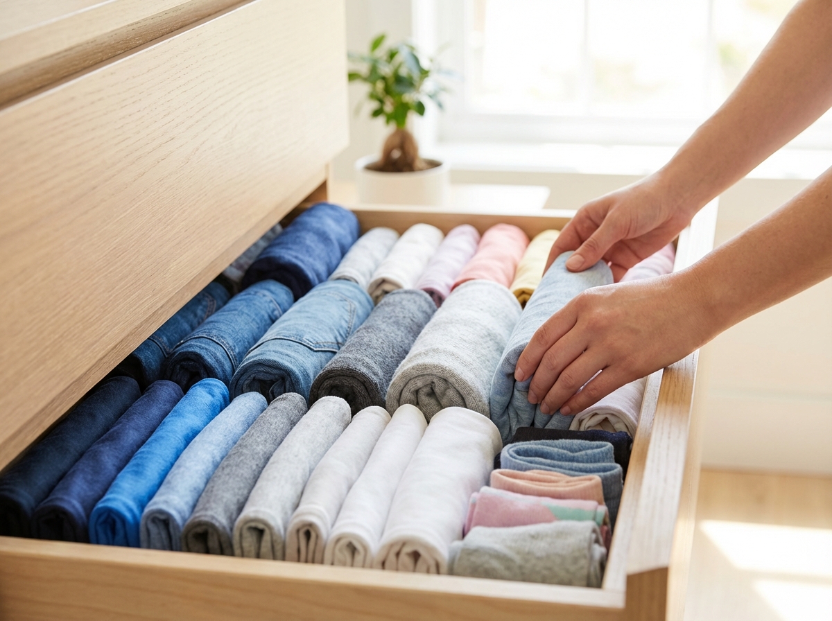 Kỹ thuật gấp quần áo kiểu KonMari — gấp đứng trong ngăn kéo