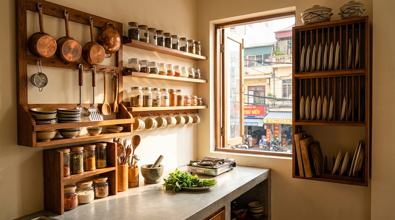 Nhà bếp nhỏ gọn gàng, ngăn nắp với kệ treo tường và không gian tối giản