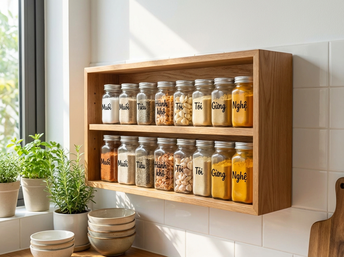 Kệ gia vị gắn tường gọn gàng với lọ gia vị đồng bộ trong bếp Việt