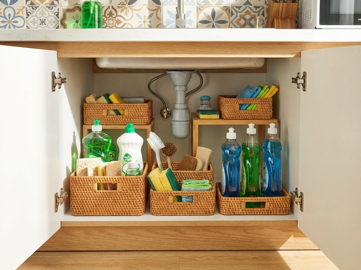 Khu vực dưới bồn rửa gọn gàng với giỏ đựng nước rửa bát, bọt biển và dụng cụ vệ sinh