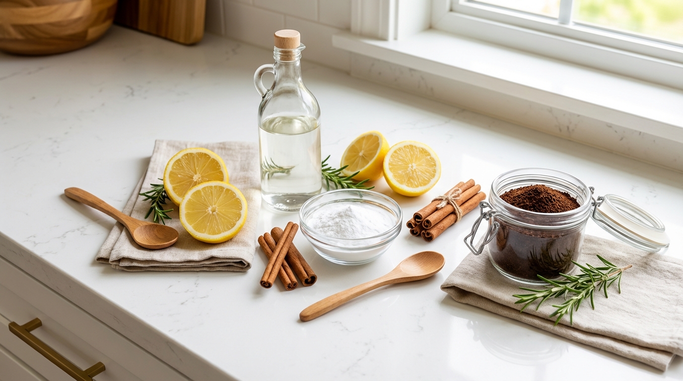 Nguyên liệu khử mùi tự nhiên: chanh, giấm, baking soda, quế, cà phê trên bàn bếp