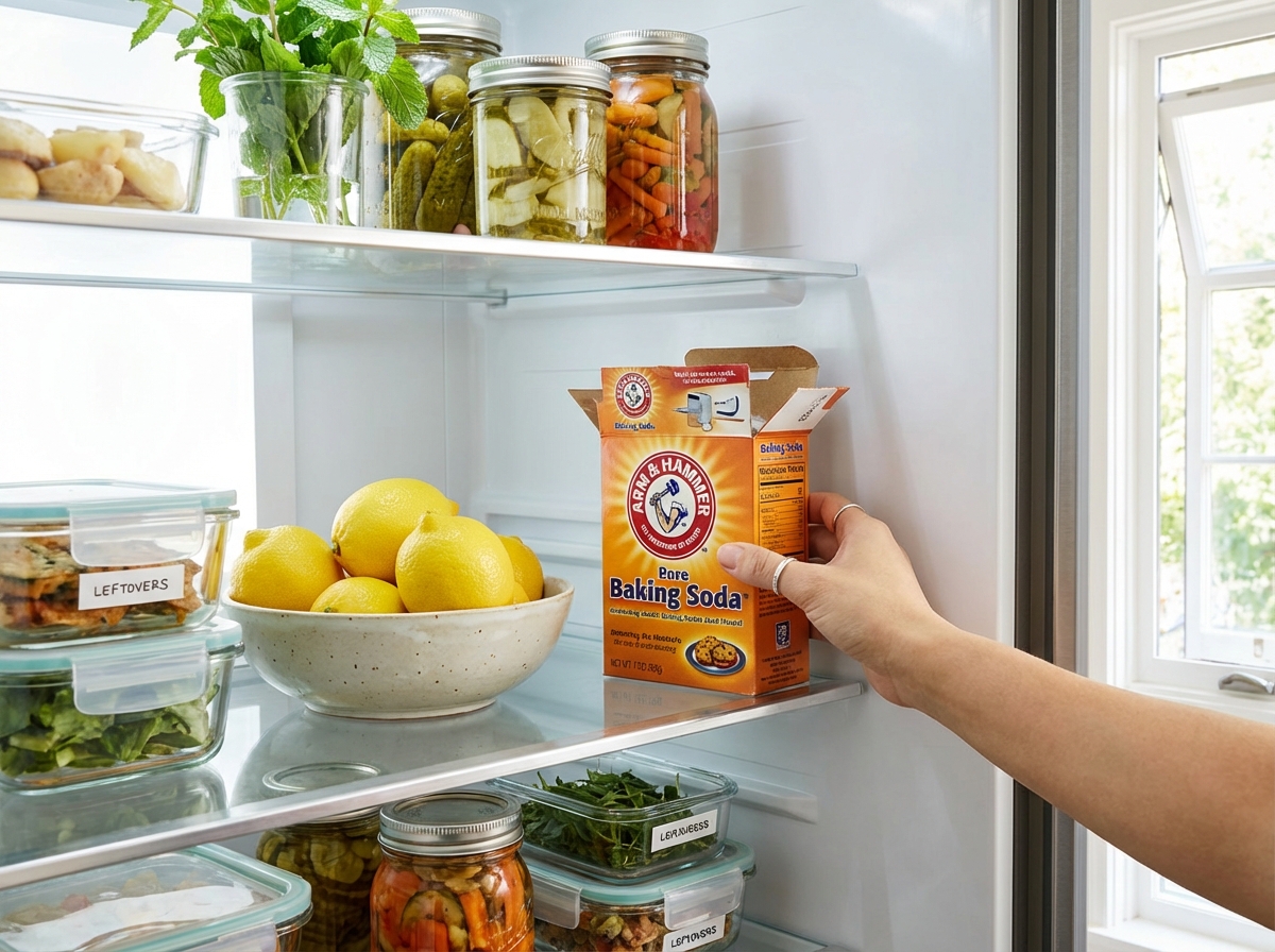 Hộp baking soda mở nắp đặt trong tủ lạnh để hút mùi