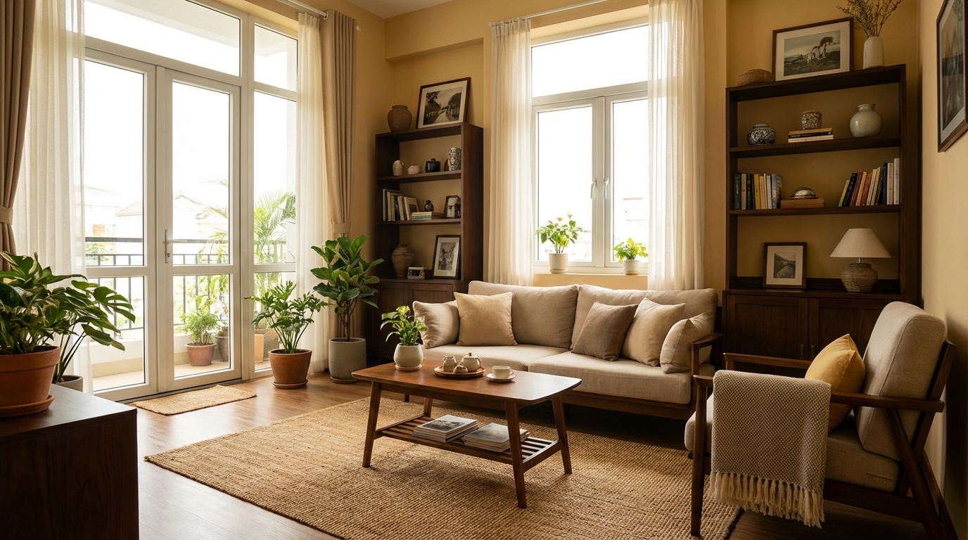 Phòng khách gọn gàng sáng sủa, mọi thứ ngăn nắp đúng chỗ