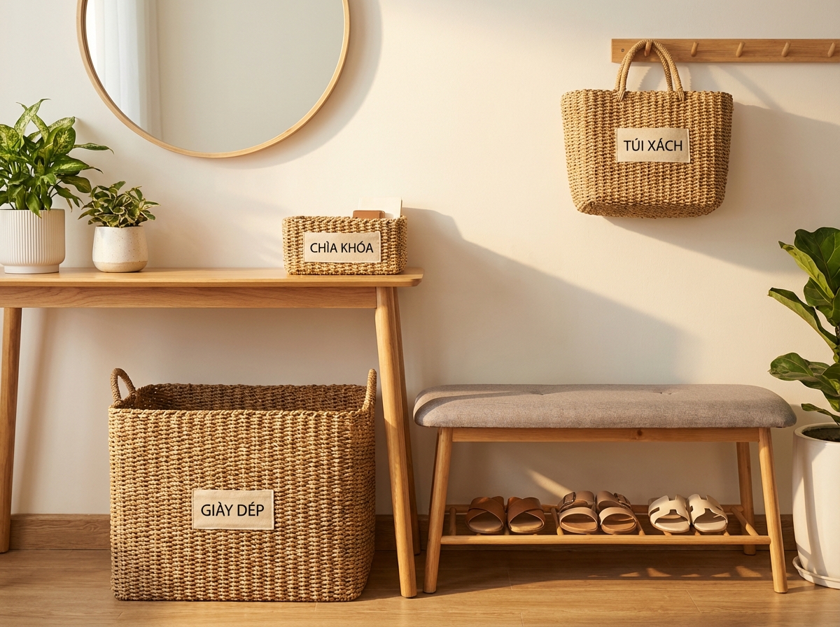 Lối vào nhà gọn gàng với giỏ đựng phân loại gọn gàng