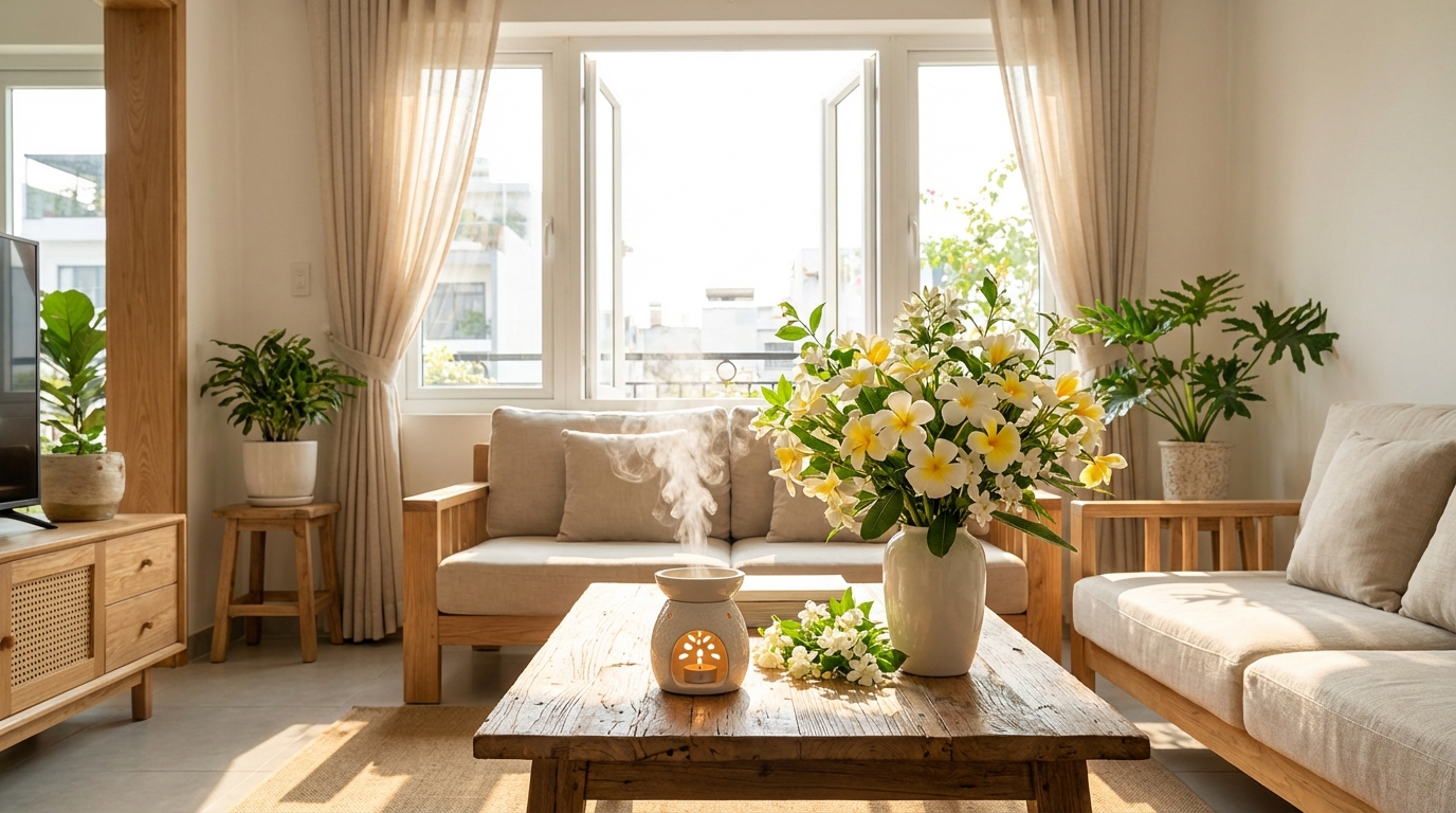 Phòng khách sạch sẽ thơm mát với sáp thơm, hoa tươi và ánh sáng tự nhiên tràn qua cửa sổ