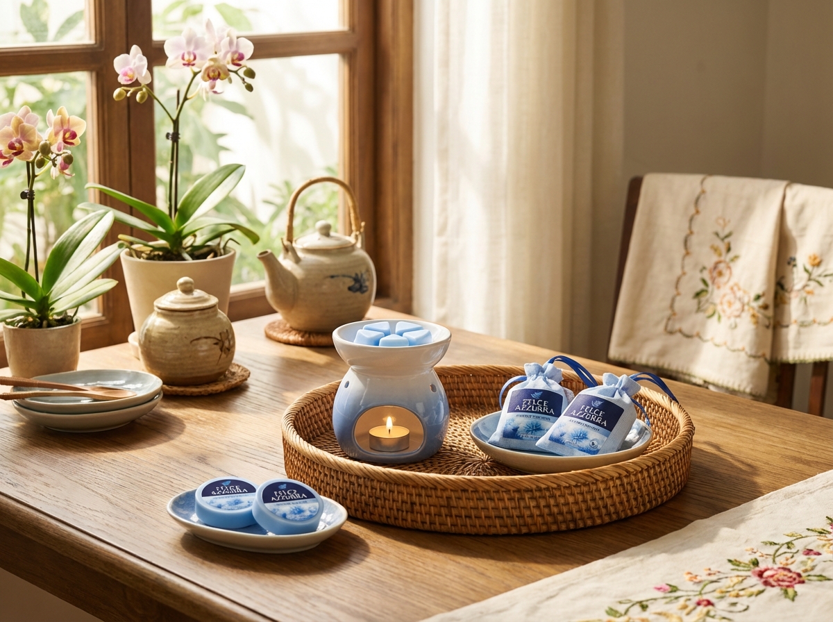 Sáp thơm Felce Azzurra và túi thơm Hygiene bày trên bàn — hai sản phẩm giữ nhà thơm hiệu quả, tiết kiệm
