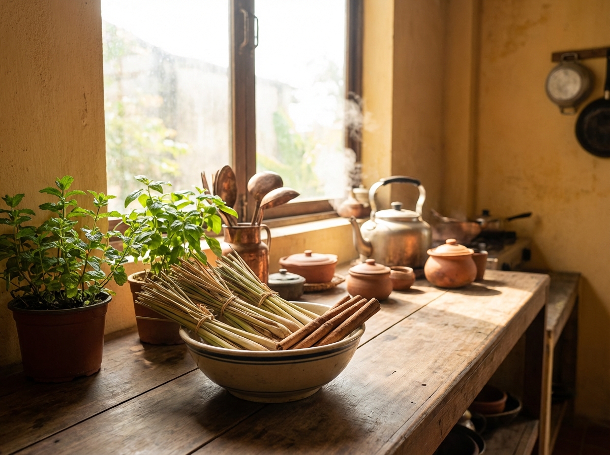 Chanh sả và quế trên bàn bếp — nguyên liệu tự nhiên để giữ nhà thơm tho