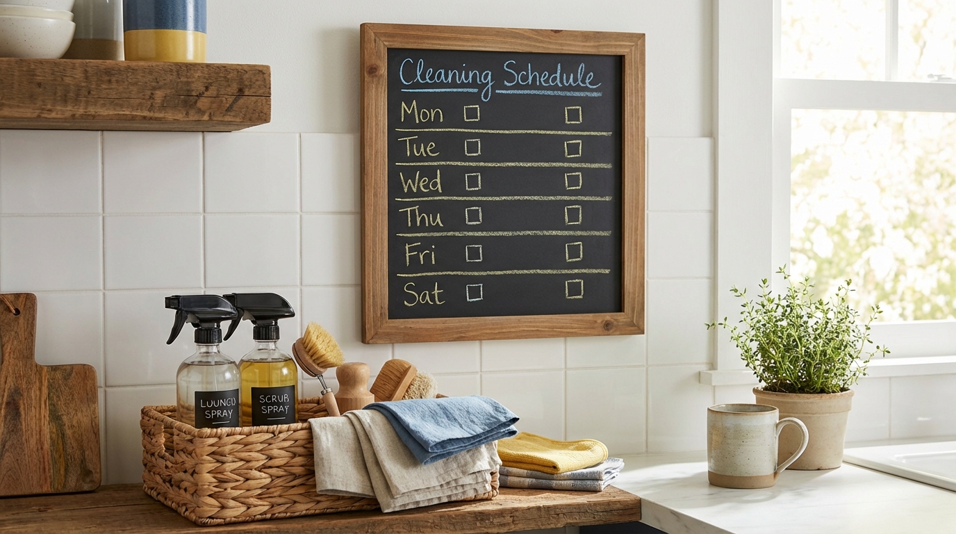 Bảng lịch dọn nhà 7 ngày treo trên tường bếp, bên cạnh dụng cụ vệ sinh gọn gàng