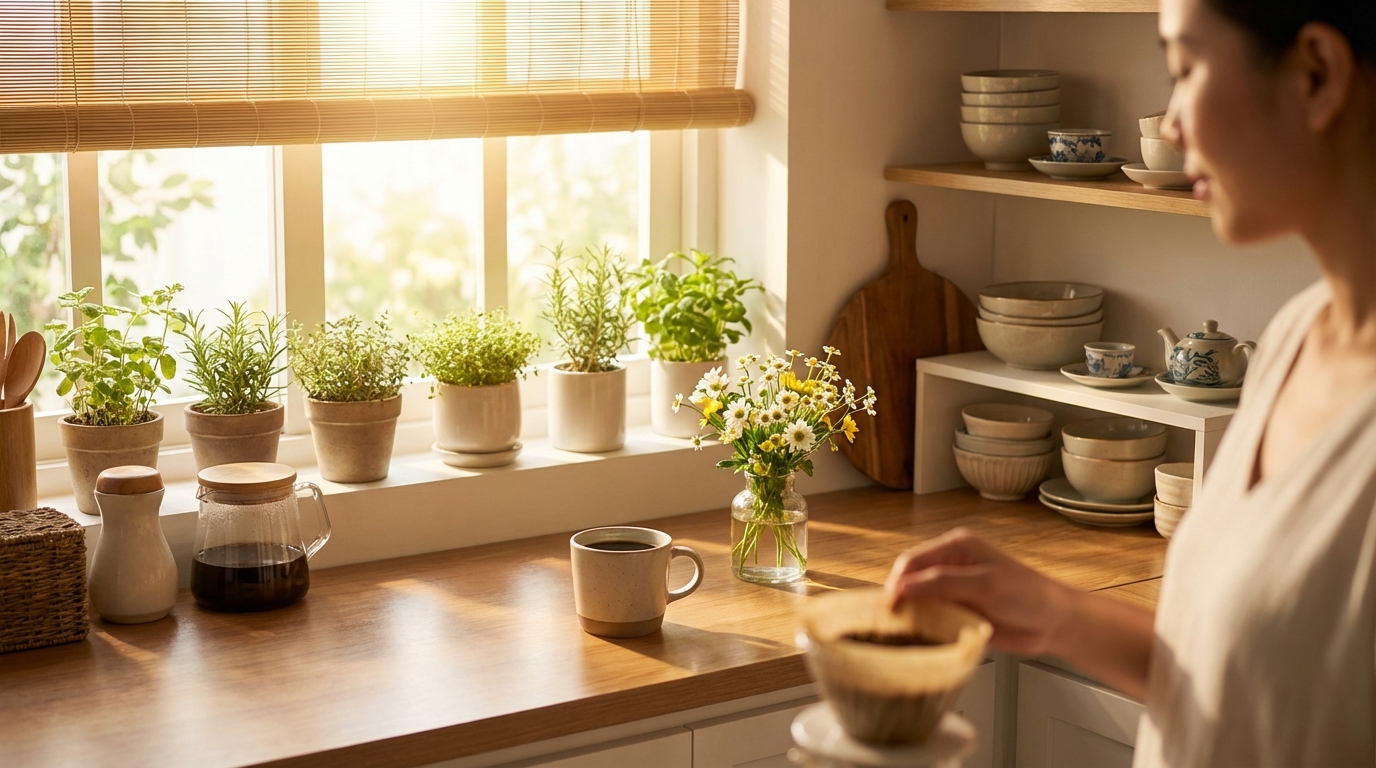 Bếp buổi sáng sạch gọn, ánh nắng chiếu qua cửa sổ, cốc cà phê trên bàn bếp tinh tươm