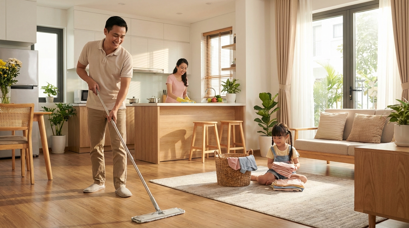 Gia đình Việt Nam cùng dọn nhà vui vẻ — bố lau sàn, mẹ ở bếp, con gấp đồ