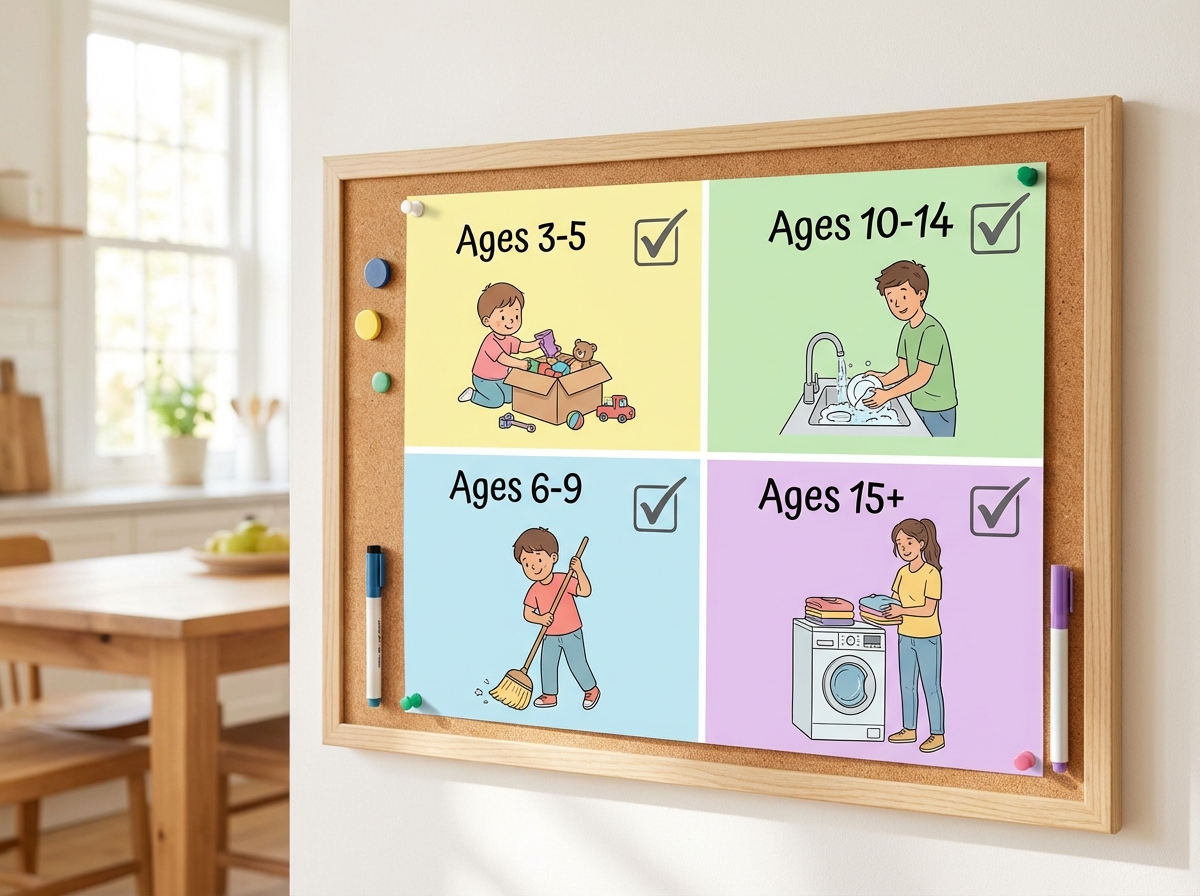 Bảng việc nhà phù hợp theo tuổi: 3-5 tuổi, 6-9, 10-14, 15+ và người lớn