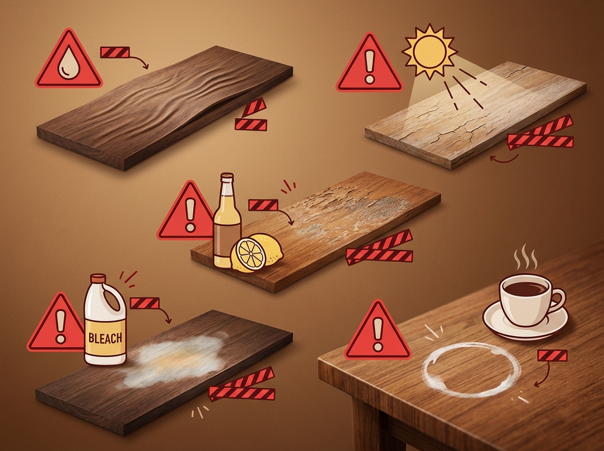 5 kẻ thù của đồ gỗ: nước, nắng, acid, hóa chất và nhiệt độ cao