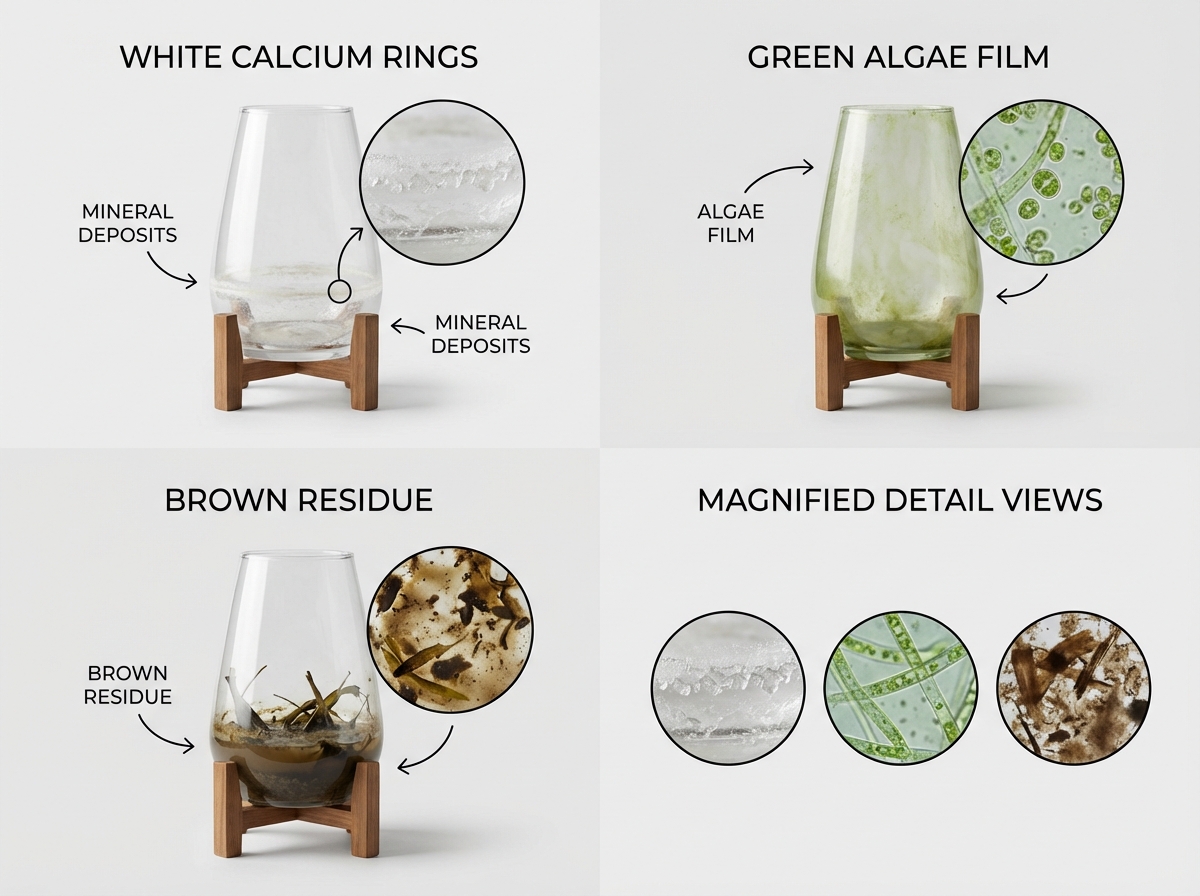 Nguyên nhân bình hoa bị đục: cáu calcium, tảo, cặn cuống hoa