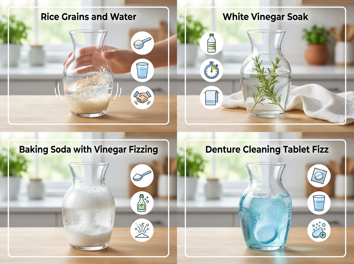 4 phương pháp tẩy cáu bình hoa: gạo, giấm, baking soda, viên tẩy răng giả