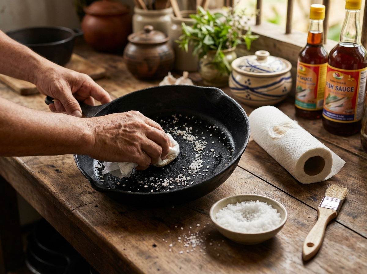 Rửa chảo gang bằng muối thô và giấy