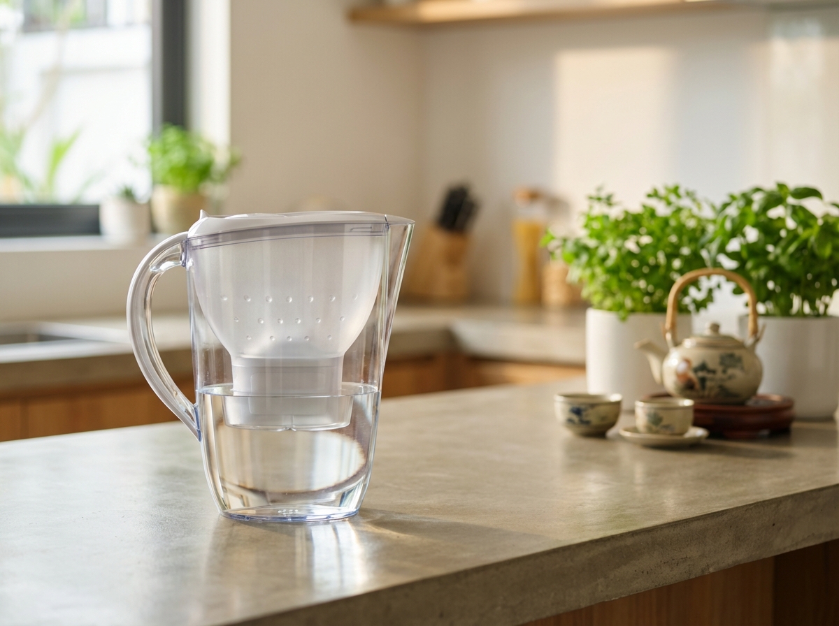 Bình lọc than hoạt tính trên bàn bếp để lọc nước máy