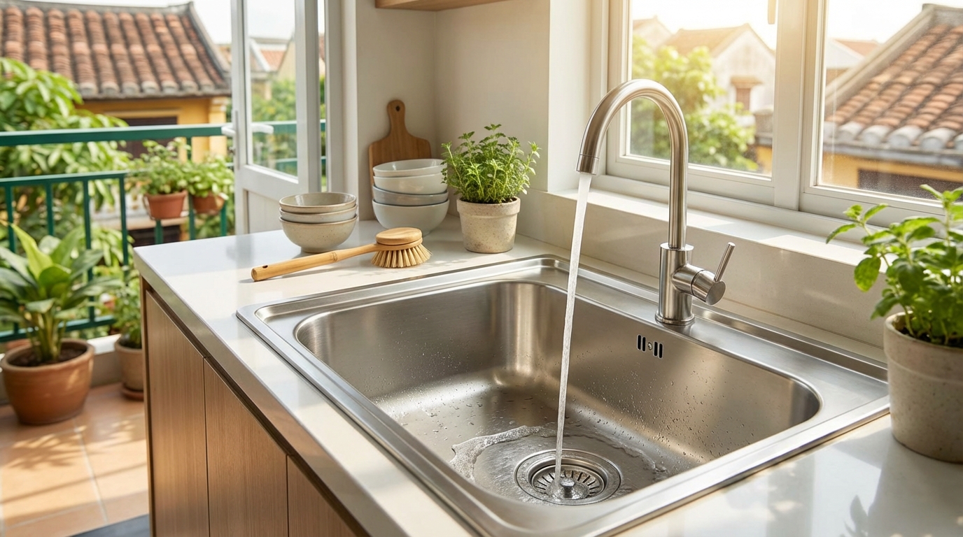 Bồn rửa sạch với nước thoát thông thoáng sau khi xử lý cống nghẹt