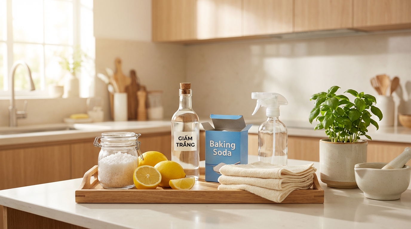 Bàn bếp gọn gàng với các nguyên liệu tự nhiên: chanh, muối, giấm, baking soda