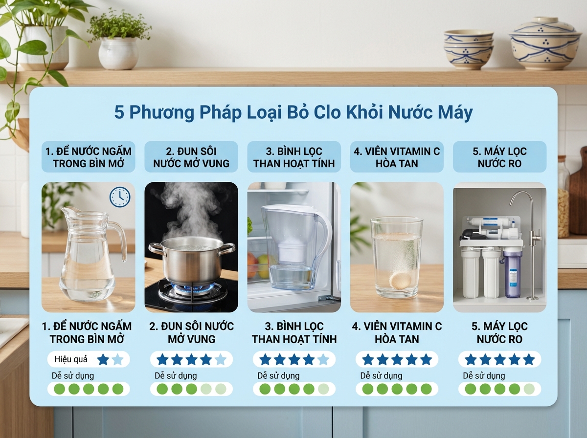 5 phương pháp khử clo trong nước máy — từ đơn giản đến hiệu quả cao