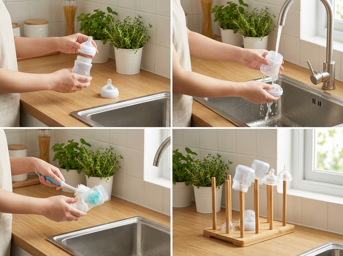 Các bước rửa bình sữa chi tiết: tháo rời, cọ rửa, xả sạch
