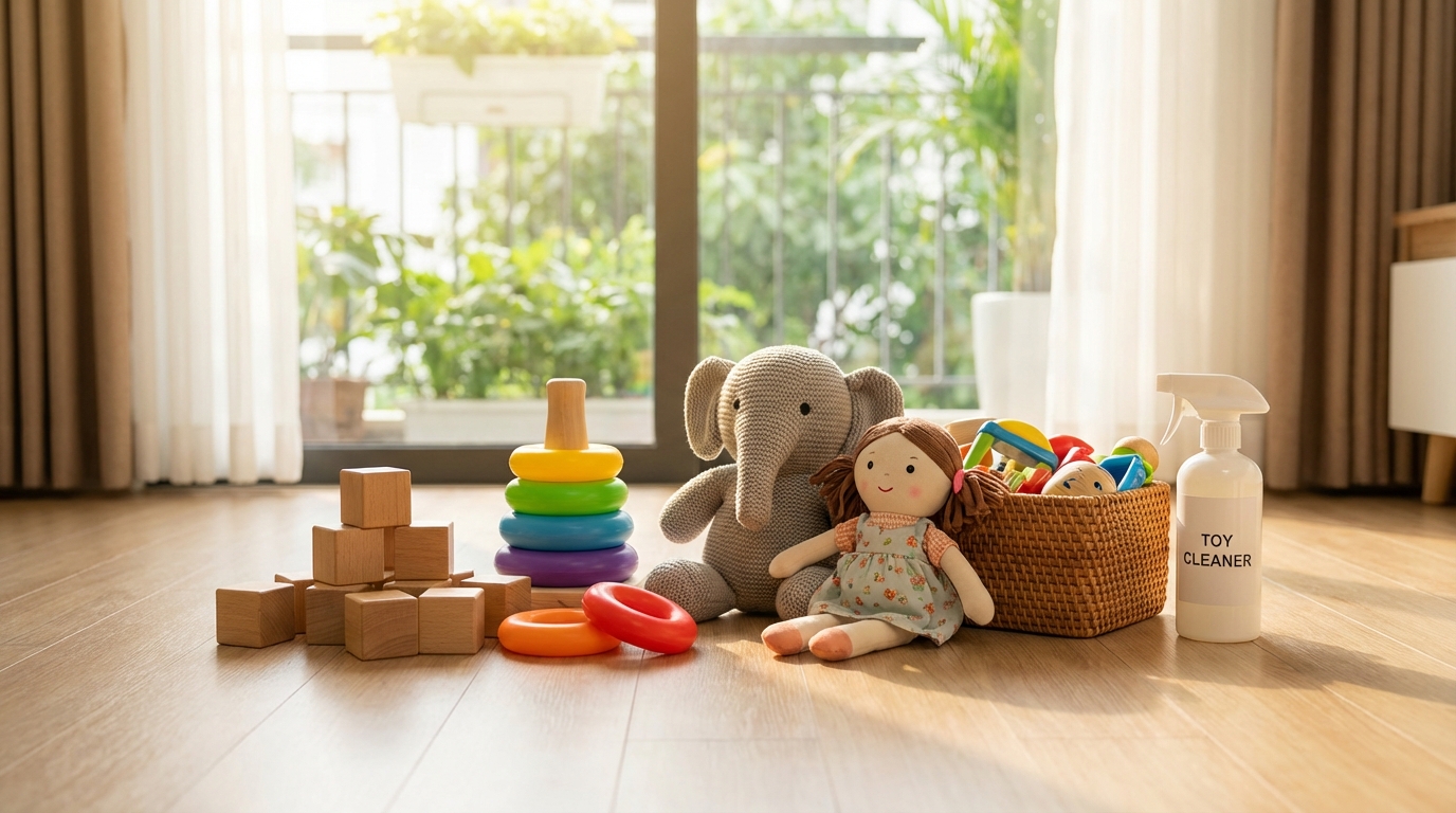 Đồ chơi trẻ em sạch sẽ gồm nhiều chất liệu nhựa, gỗ, thú bông được sắp xếp gọn gàng