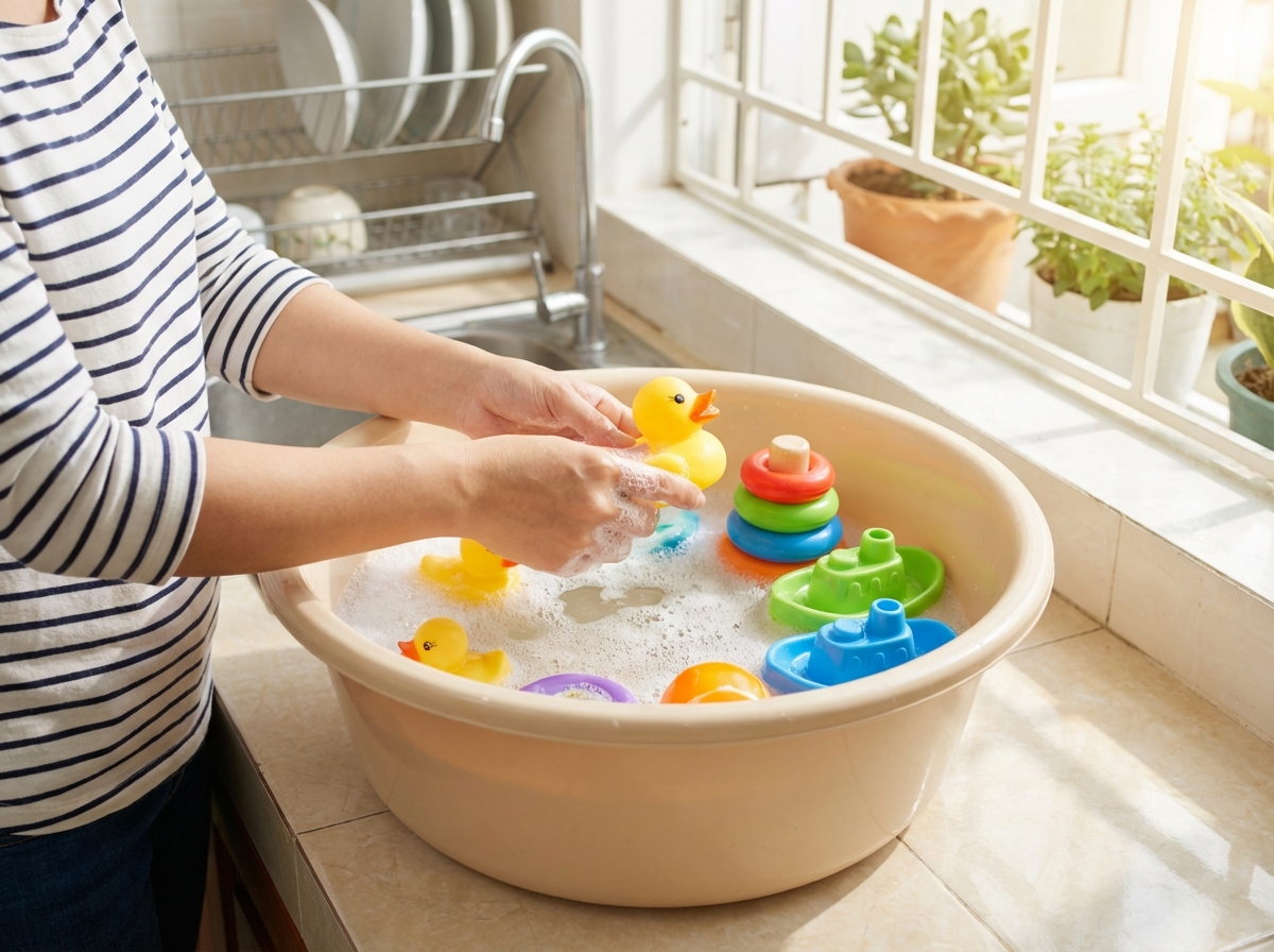 Rửa đồ chơi nhựa trong chậu nước xà phòng nhẹ tại nhà