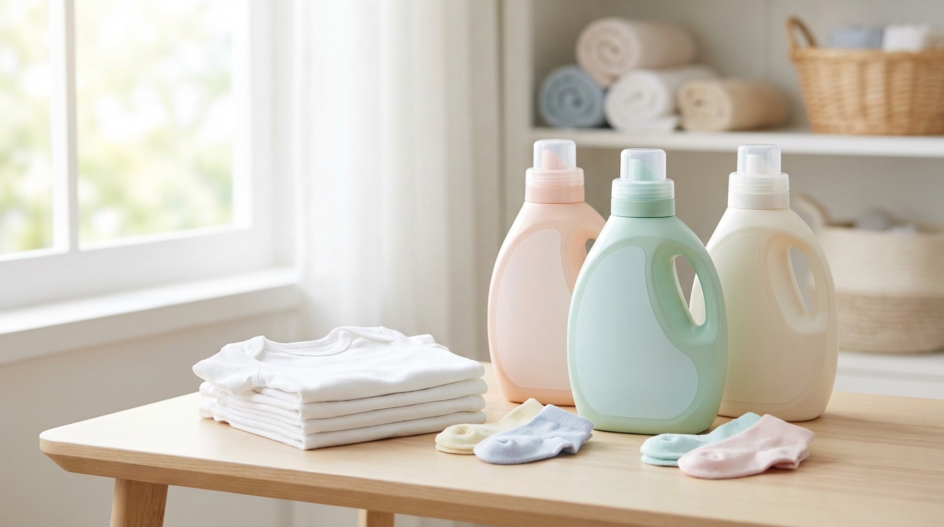 Các chai nước giặt cho bé xếp cạnh nhau bên cạnh quần áo sơ sinh mềm mại