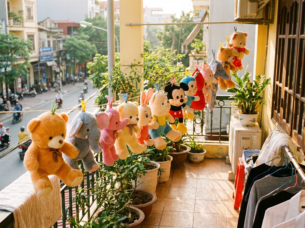 Thú bông sạch sẽ phơi trên dây phơi ở ban công