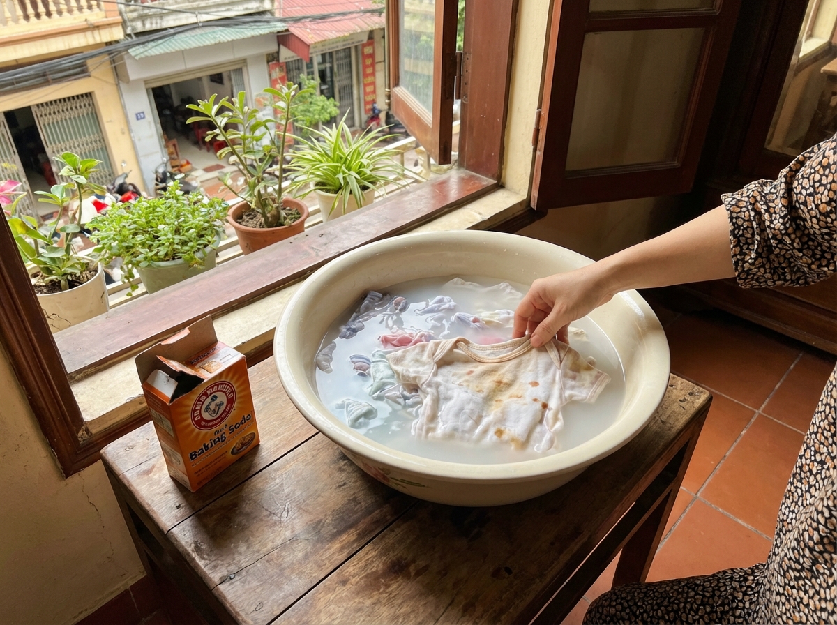 Ngâm quần áo bé trong chậu nước baking soda để tẩy vết sữa