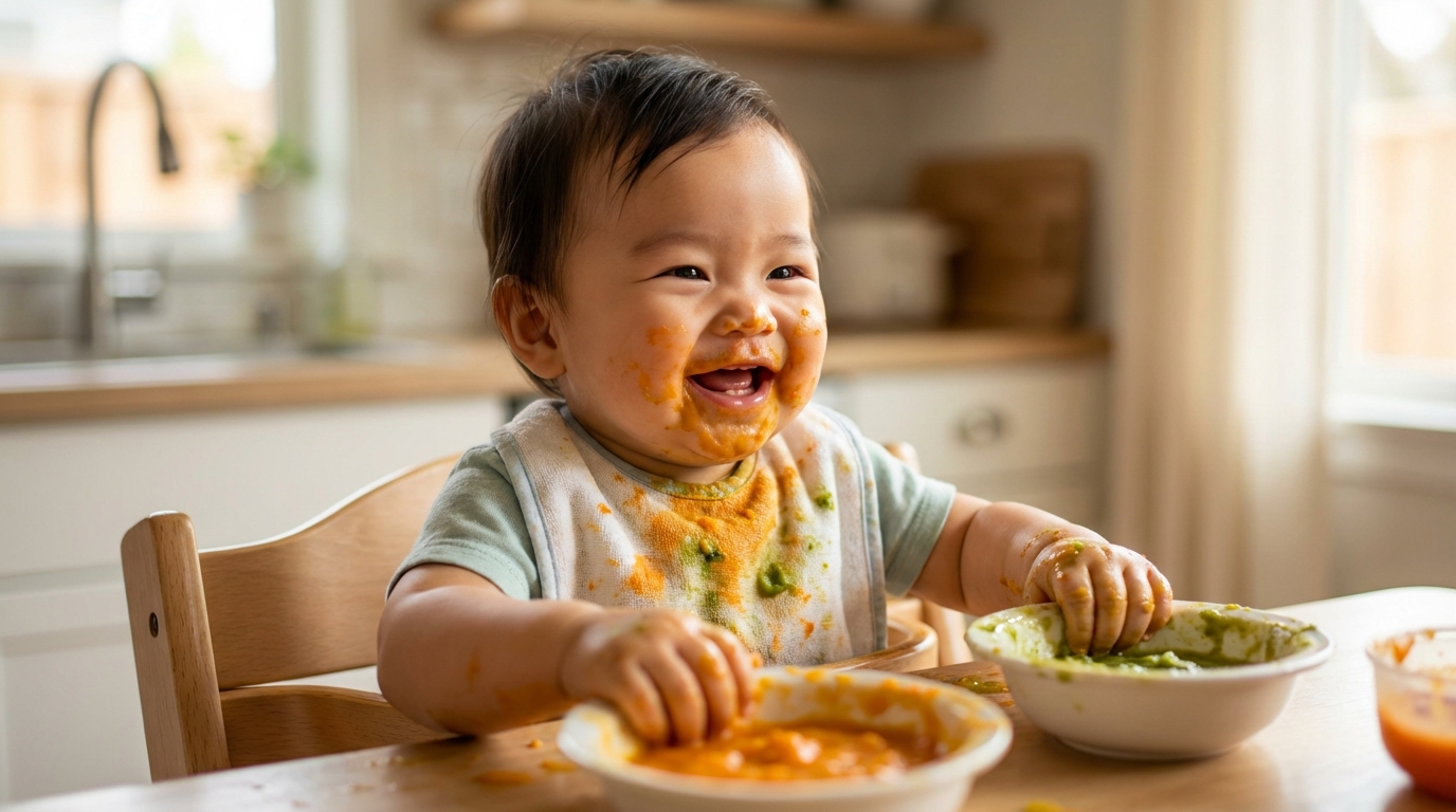 Bé ngồi ăn dặm với yếm dính đầy thức ăn màu sắc