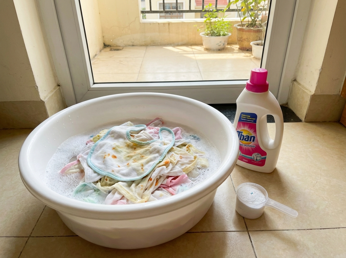 Ngâm áo bé dính vết thức ăn trong nước giặt