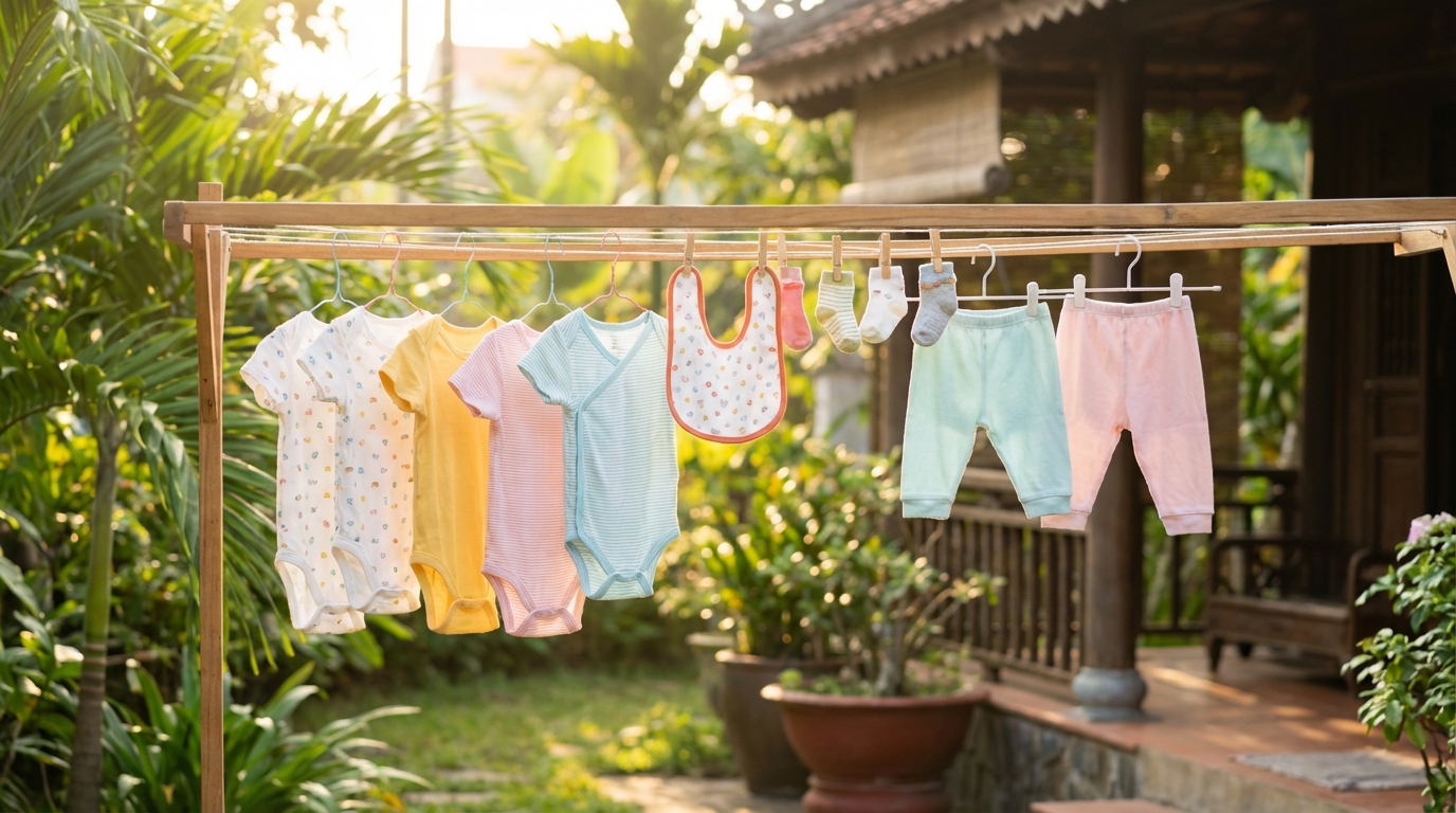 Quần áo em bé nhiều màu sắc phơi trên dây phơi ngoài trời nắng nhẹ buổi sáng