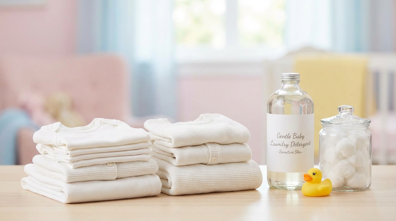 Quần áo bé cotton mềm gấp gọn bên cạnh nước giặt dịu nhẹ an toàn cho da nhạy cảm