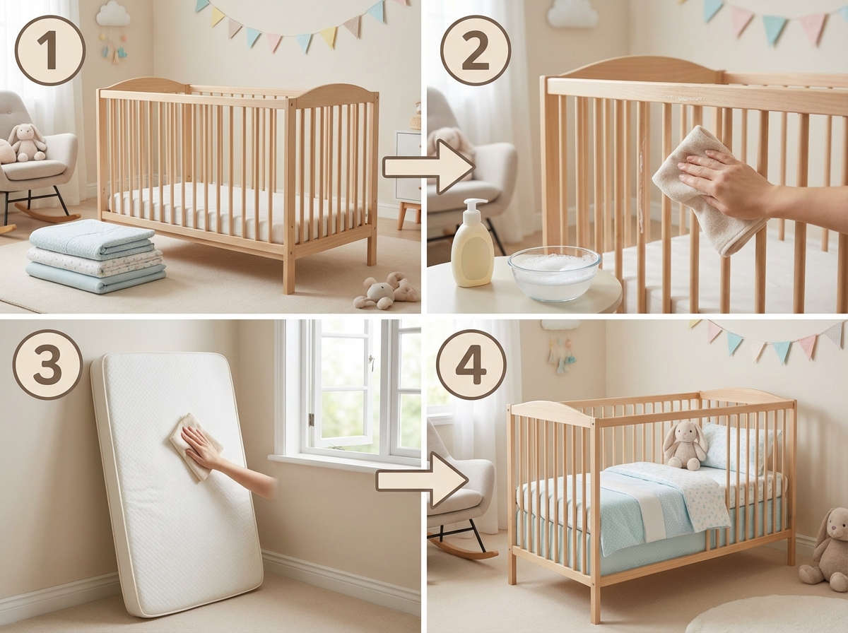 4 bước vệ sinh cũi gỗ từ tháo ga đến lau từng thanh rồi lắp lại