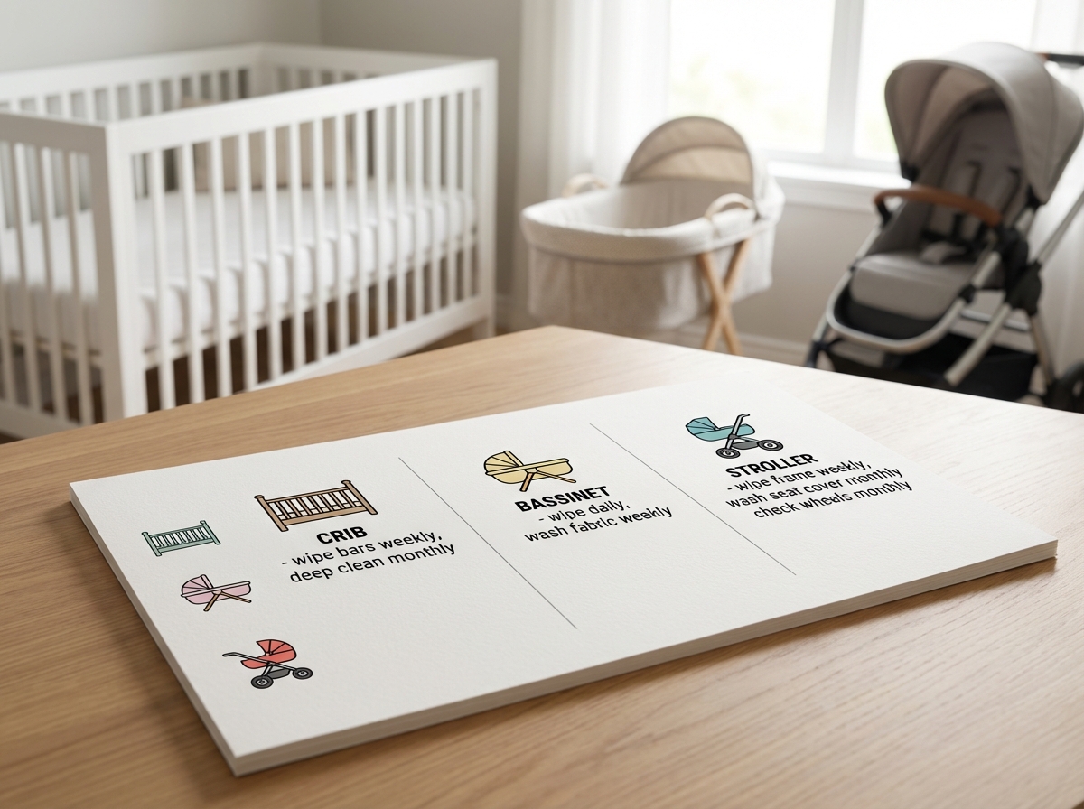 Lịch vệ sinh cũi, nôi, xe đẩy — tần suất khuyến nghị cho từng bộ phận