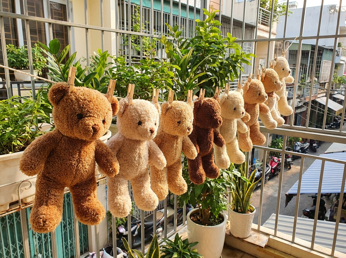 Gấu bông phơi nắng trên dây ở ban công, tươi sáng và sạch sẽ