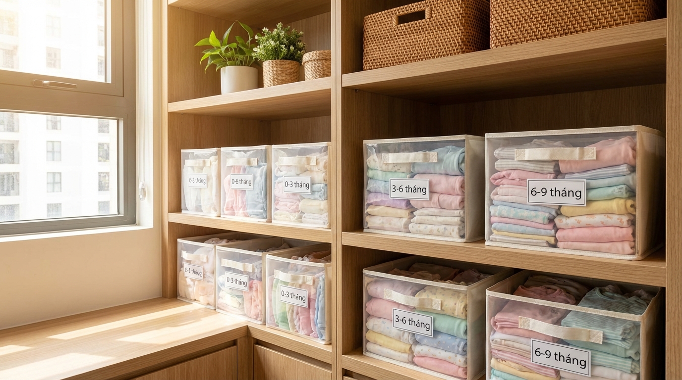 Hộp nhựa dán nhãn size đựng quần áo bé được xếp gọn gàng trong tủ