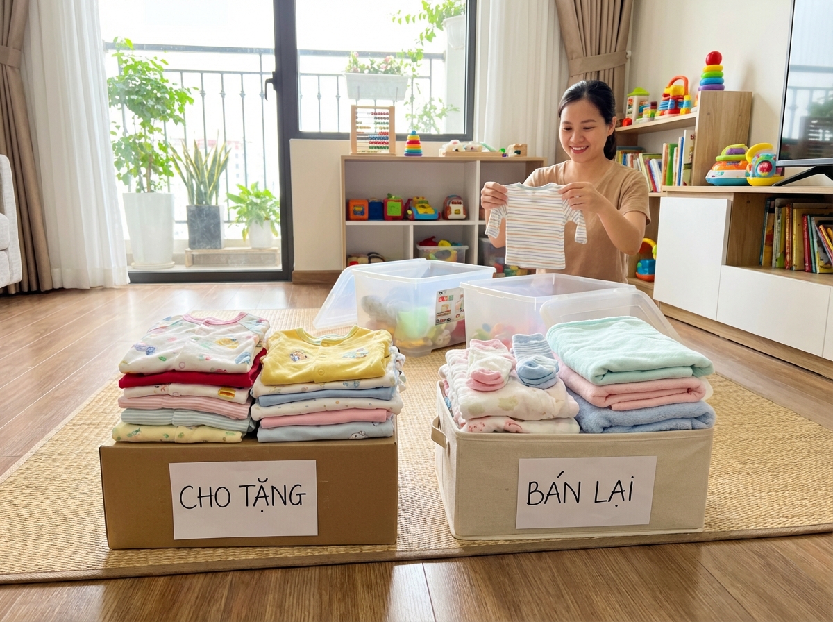 Đồ bé cũ sạch sẽ xếp thành 2 chồng: để cho và để bán