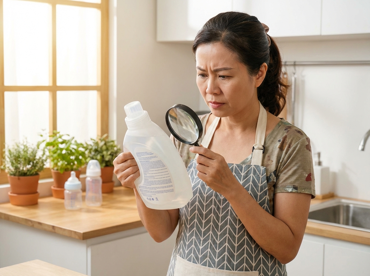 Mẹ đọc thành phần trên chai nước giặt để kiểm tra an toàn cho bé