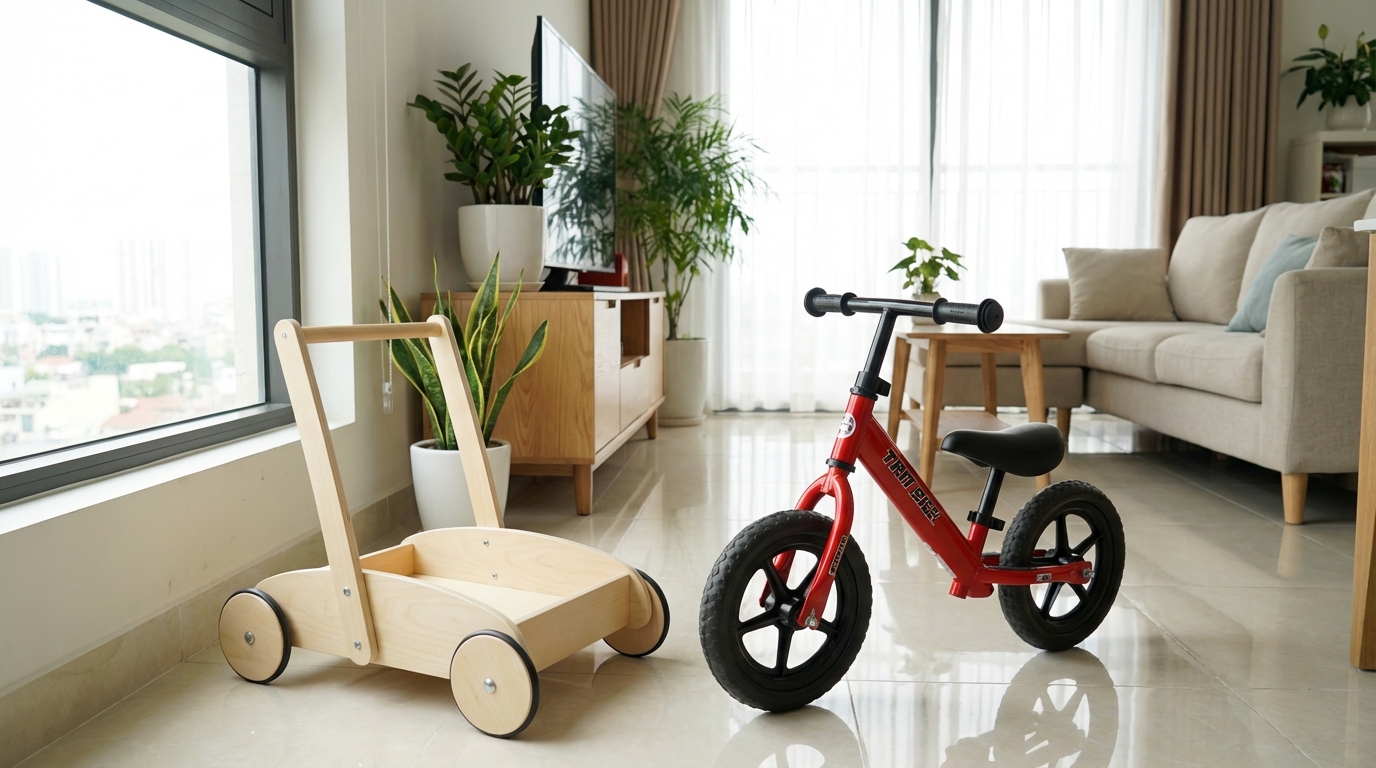 Xe tập đi và xe đạp trẻ em sạch sẽ, sáng bóng