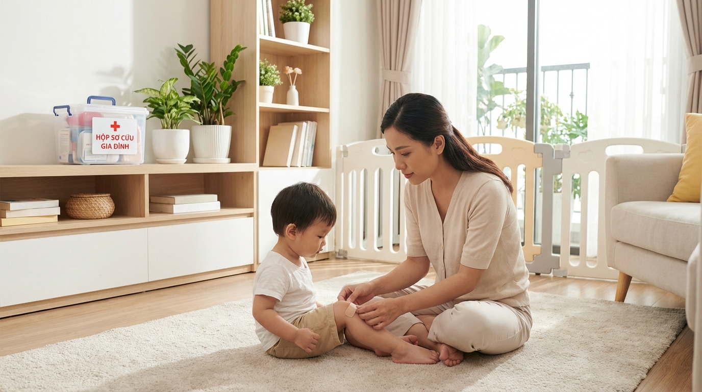 Mẹ bình tĩnh chăm sóc bé, tủ thuốc gia đình gọn gàng an toàn