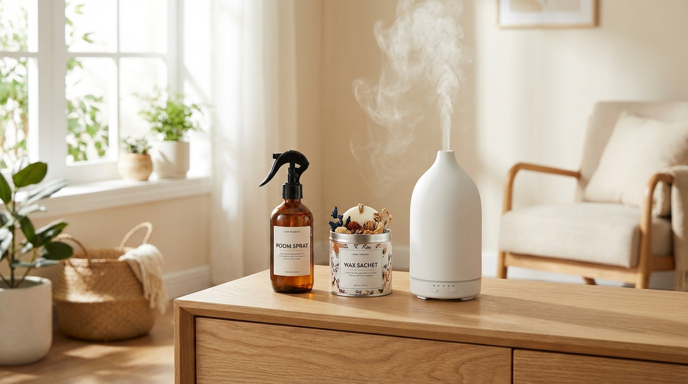 Xịt phòng, sáp thơm Felce Azzurra và máy khuếch tán tinh dầu đặt cạnh nhau để so sánh