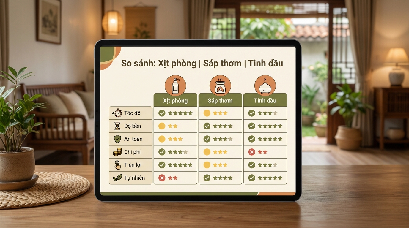 Bảng so sánh ba loại sản phẩm tạo hương thơm cho nhà: xịt phòng, sáp thơm, tinh dầu