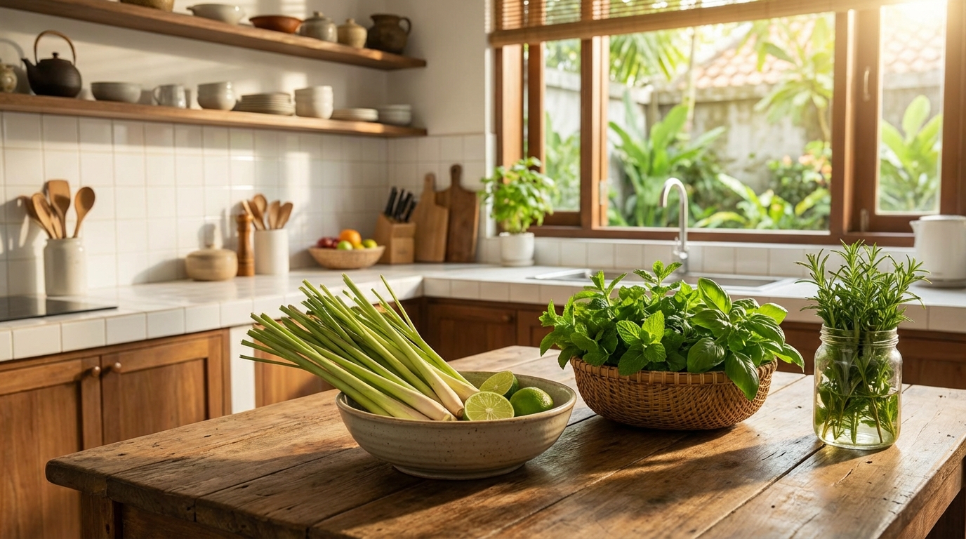 Bát chanh sả và hoa tươi trên bàn nhà