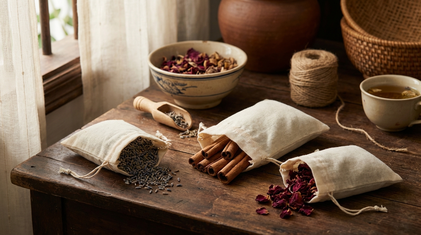 Túi thơm handmade từ vải muslin, hoa lavender khô, quế, hoa hồng khô trên bàn gỗ