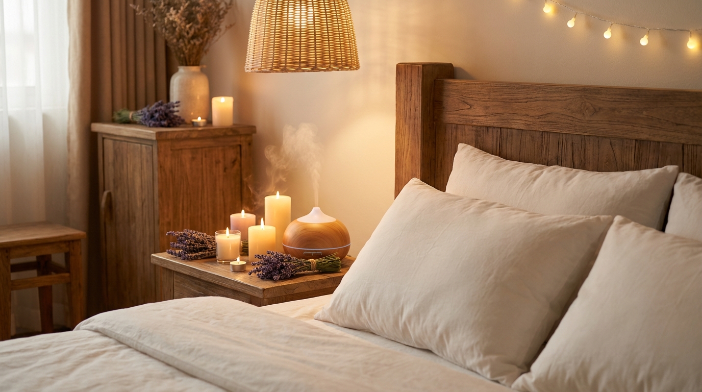 Phòng ngủ ấm cúng với nến thơm, hoa lavender và máy khuếch tán tinh dầu