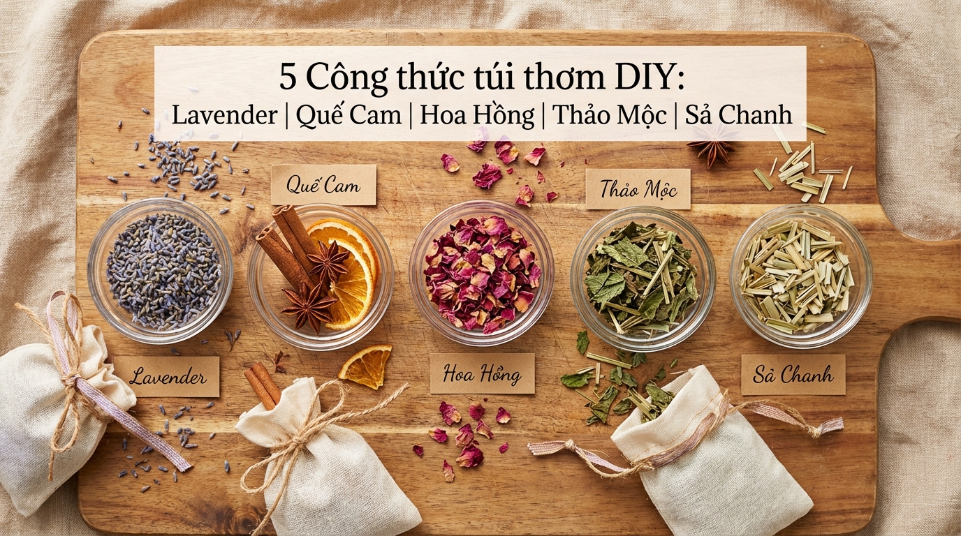5 công thức túi thơm DIY: lavender, quế cam, hoa hồng, thảo mộc, sả chanh