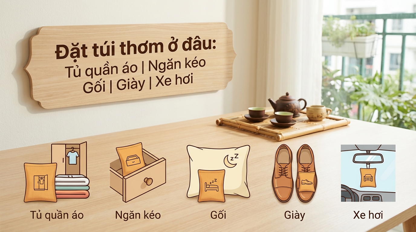 Cách đặt túi thơm: tủ quần áo, ngăn kéo, gối, giày, xe hơi