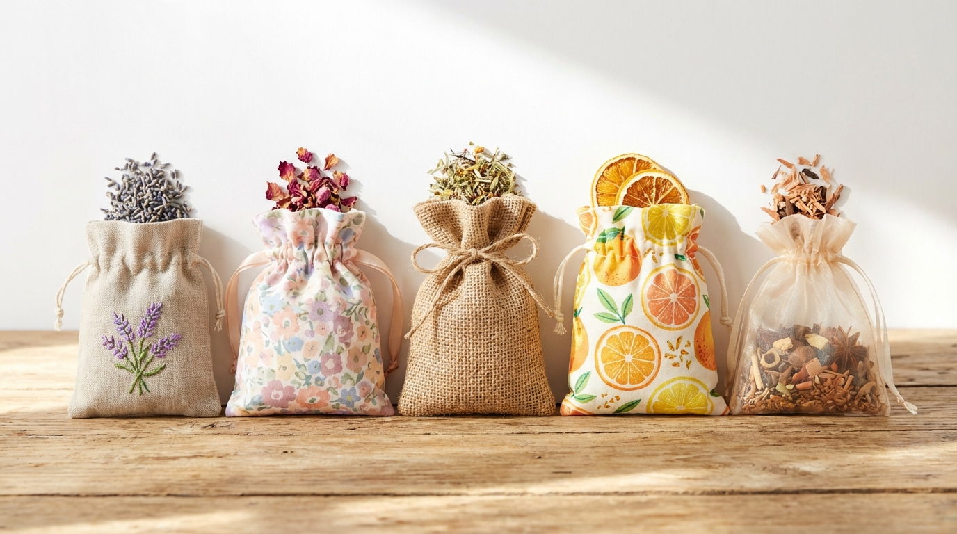 5 loại túi thơm treo tủ phổ biến xếp cạnh nhau để so sánh